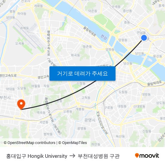 홍대입구 Hongik University to 부천대성병원 구관 map