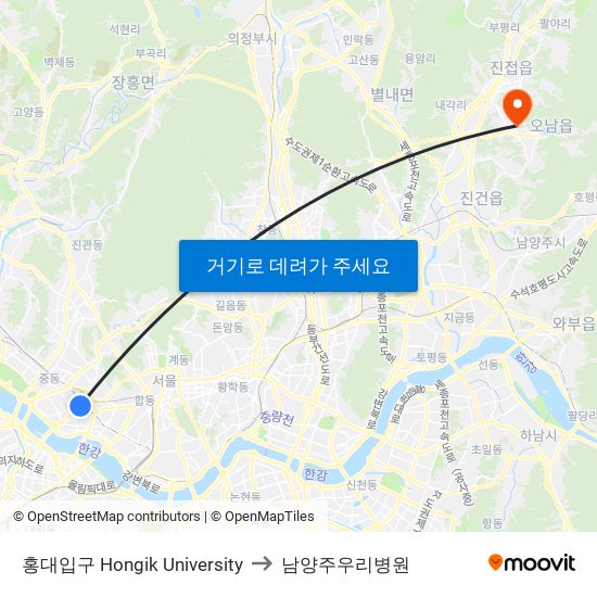 홍대입구 Hongik University to 남양주우리병원 map