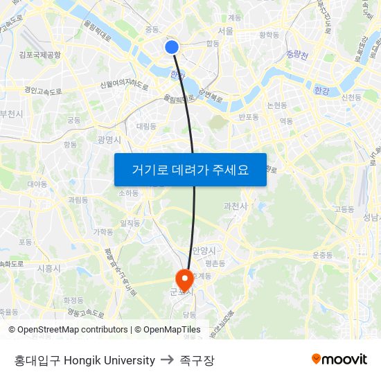 홍대입구 Hongik University to 족구장 map