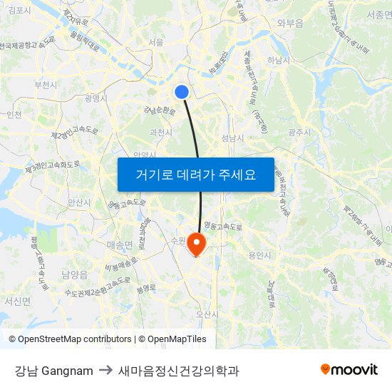 강남 Gangnam to 새마음정신건강의학과 map