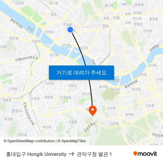 홍대입구 Hongik University to 관악구청 별관 1 map