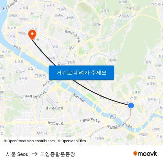 서울 Seoul to 고양종합운동장 map