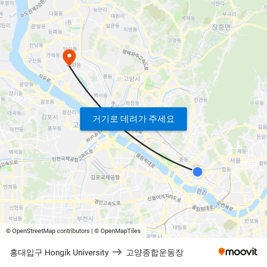 홍대입구 Hongik University to 고양종합운동장 map