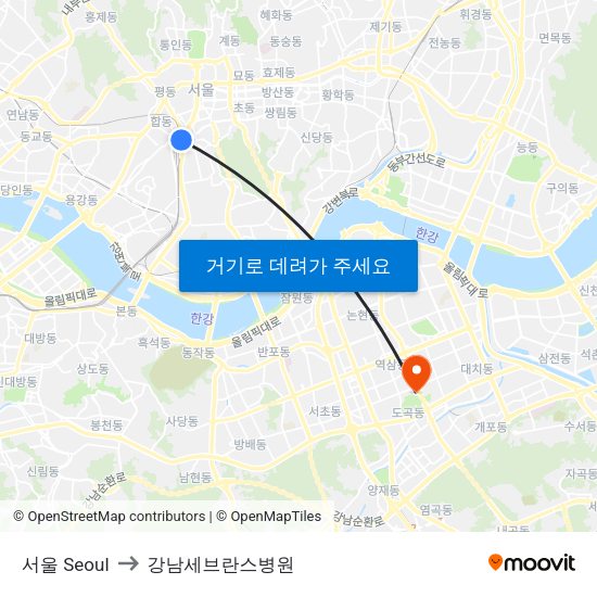 서울 Seoul to 강남세브란스병원 map