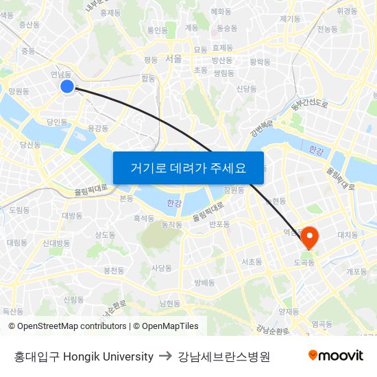 홍대입구 Hongik University to 강남세브란스병원 map