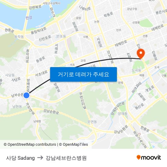 사당 Sadang to 강남세브란스병원 map