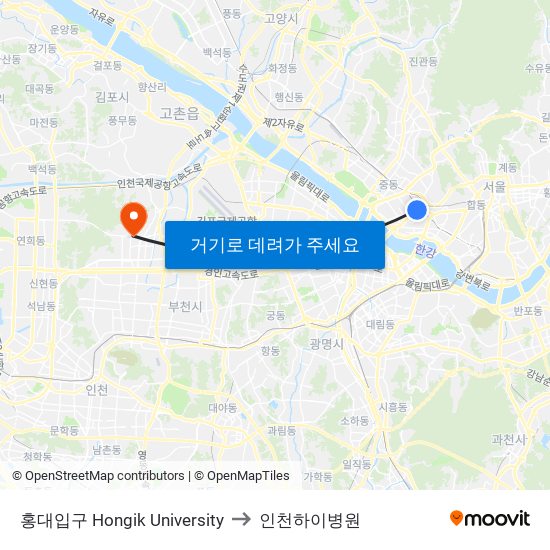 홍대입구 Hongik University to 인천하이병원 map