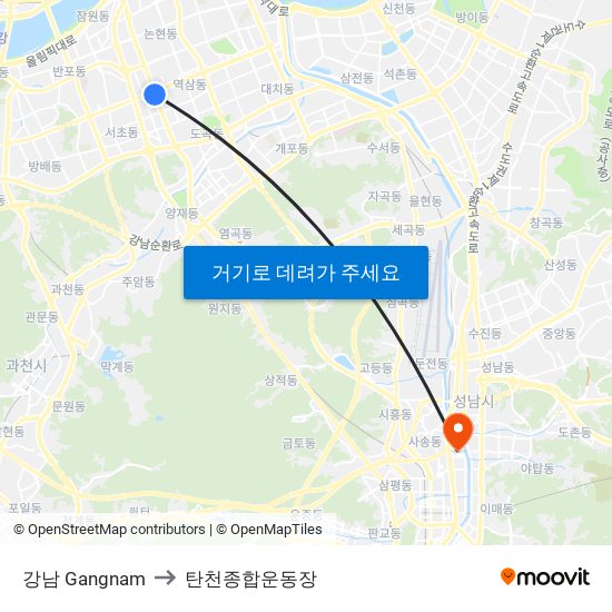 강남 Gangnam to 탄천종합운동장 map