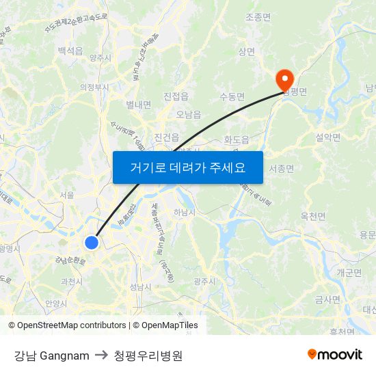 강남 Gangnam to 청평우리병원 map