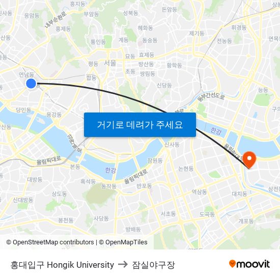 홍대입구 Hongik University to 잠실야구장 map