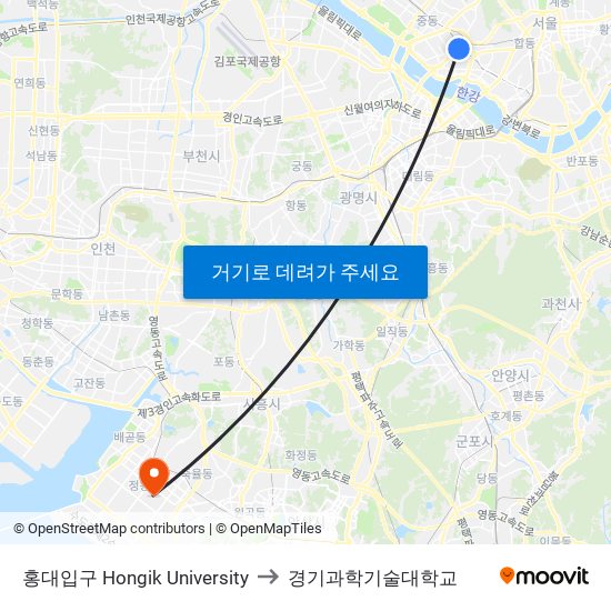 홍대입구 Hongik University to 경기과학기술대학교 map