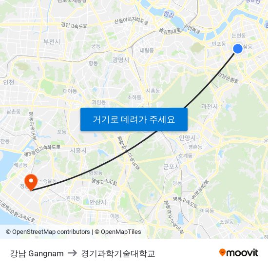 강남 Gangnam to 경기과학기술대학교 map