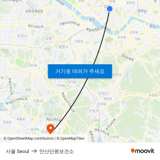 서울 Seoul to 안산단원보건소 map