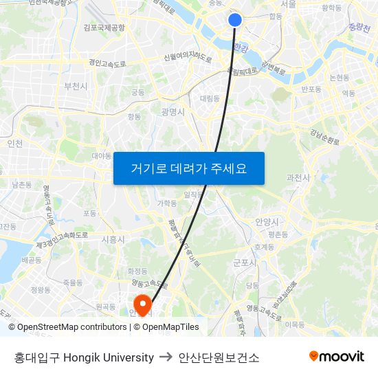 홍대입구 Hongik University to 안산단원보건소 map