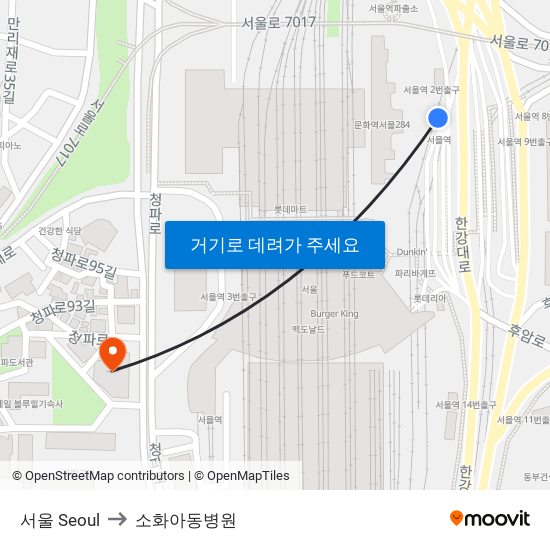 서울 Seoul to 소화아동병원 map