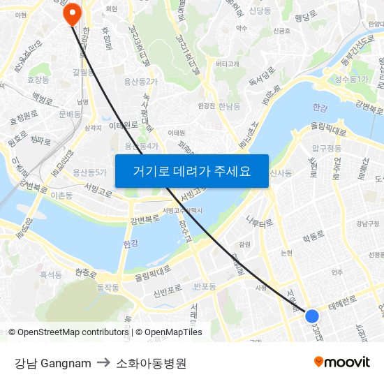 강남 Gangnam to 소화아동병원 map