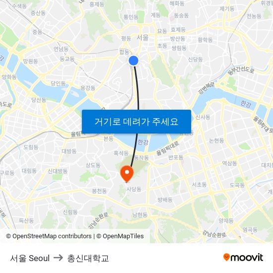 서울 Seoul to 총신대학교 map