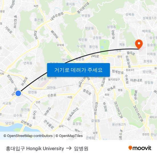 홍대입구 Hongik University to 암병원 map