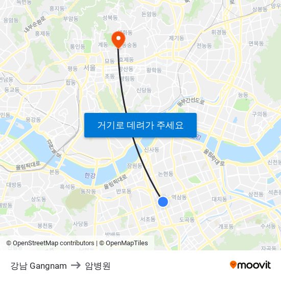 강남 Gangnam to 암병원 map