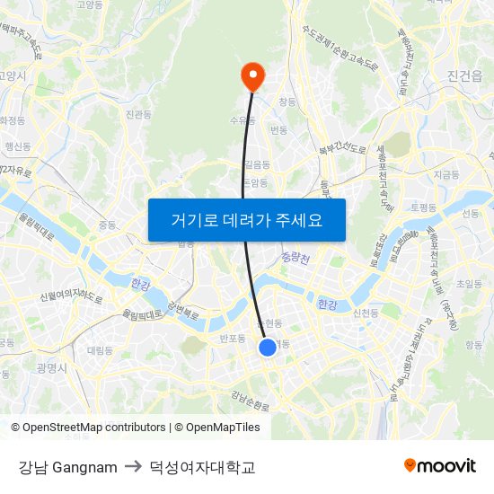 강남 Gangnam to 덕성여자대학교 map