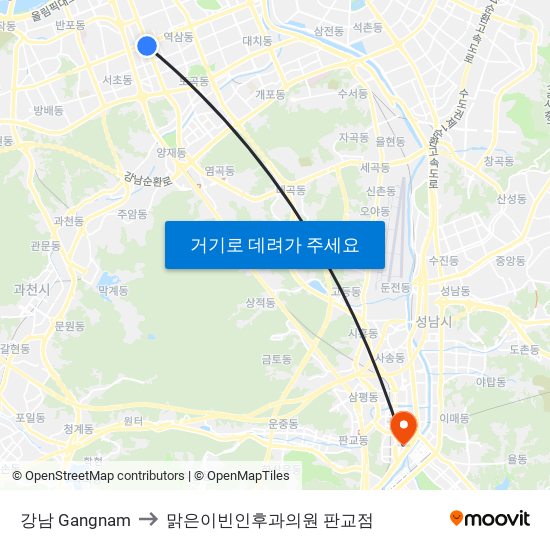 강남 Gangnam to 맑은이빈인후과의원 판교점 map