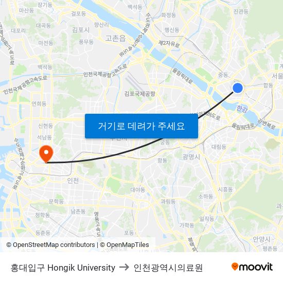 홍대입구 Hongik University to 인천광역시의료원 map