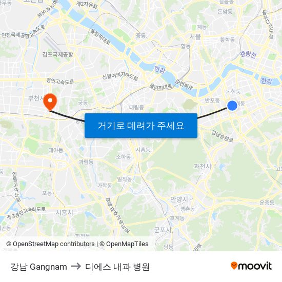 강남 Gangnam to 디에스 내과 병원 map
