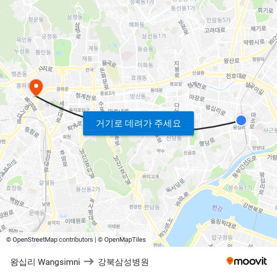 왕십리 Wangsimni to 강북삼성병원 map