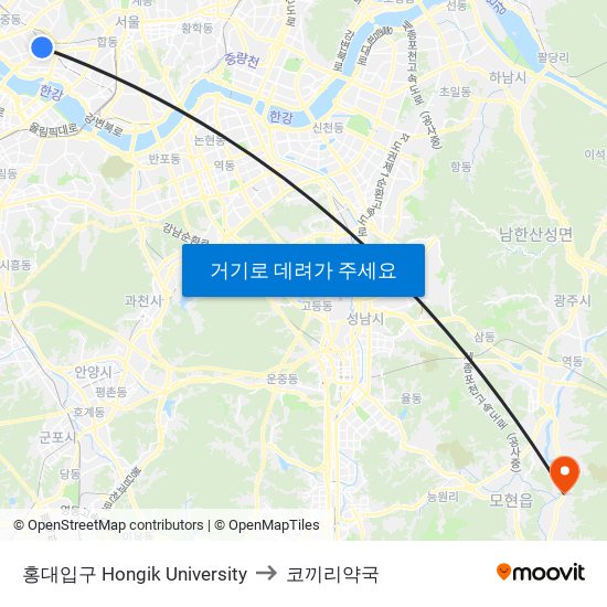 홍대입구 Hongik University to 코끼리약국 map