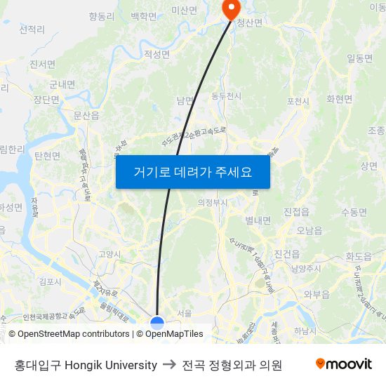 홍대입구 Hongik University to 전곡 정형외과 의원 map