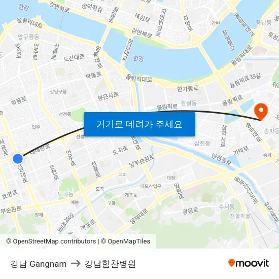 강남 Gangnam to 강남힘찬병원 map