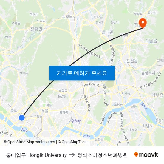 홍대입구 Hongik University to 정석소아청소년과병원 map