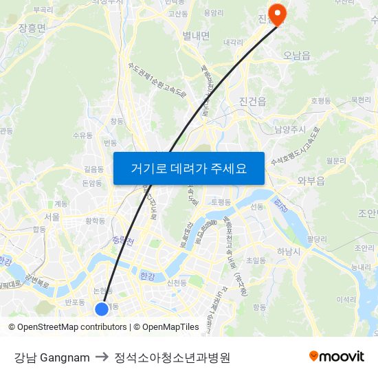 강남 Gangnam to 정석소아청소년과병원 map