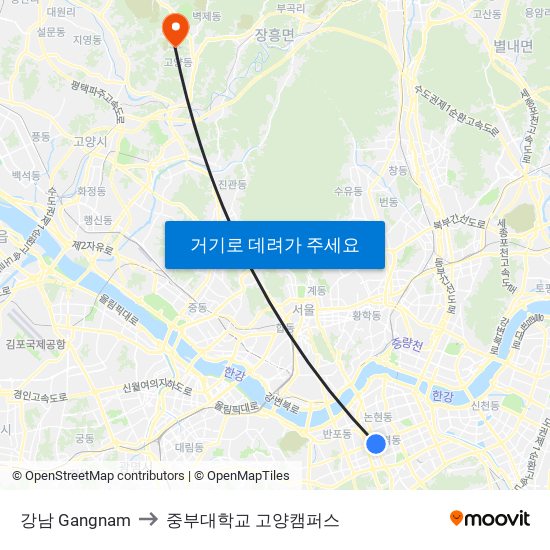 강남 Gangnam to 중부대학교 고양캠퍼스 map