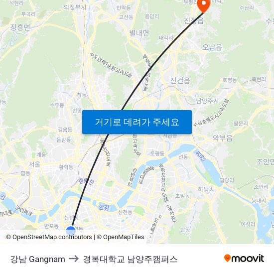 강남 Gangnam to 경복대학교 남양주캠퍼스 map