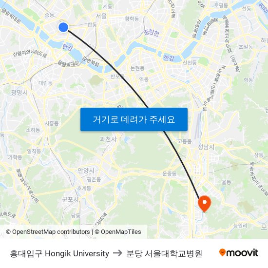 홍대입구 Hongik University to 분당 서울대학교병원 map