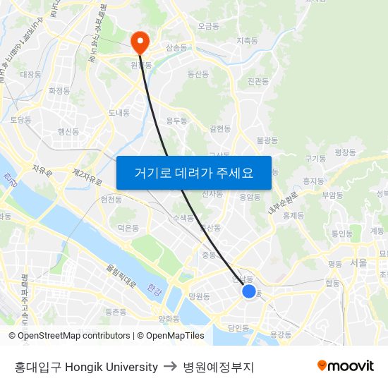홍대입구 Hongik University to 병원예정부지 map