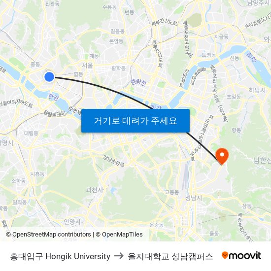 홍대입구 Hongik University to 을지대학교 성남캠퍼스 map