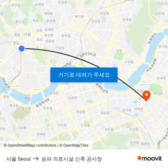 서울 Seoul to 송파 의료시설 신축 공사장 map