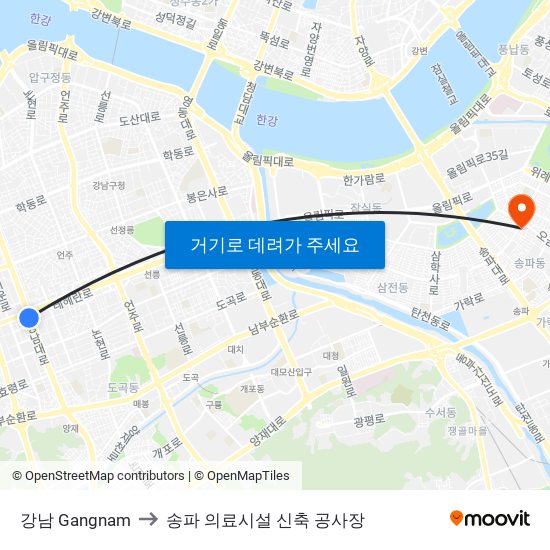 강남 Gangnam to 송파 의료시설 신축 공사장 map