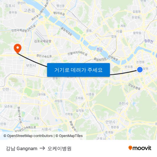 강남 Gangnam to 오케이병원 map