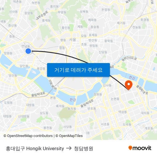 홍대입구 Hongik University to 청담병원 map
