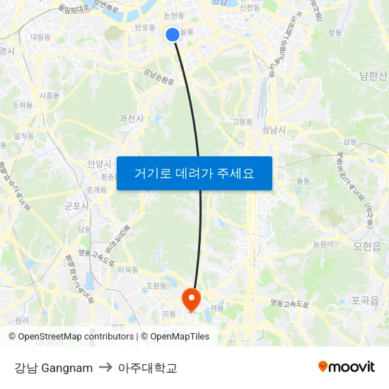강남 Gangnam to 아주대학교 map