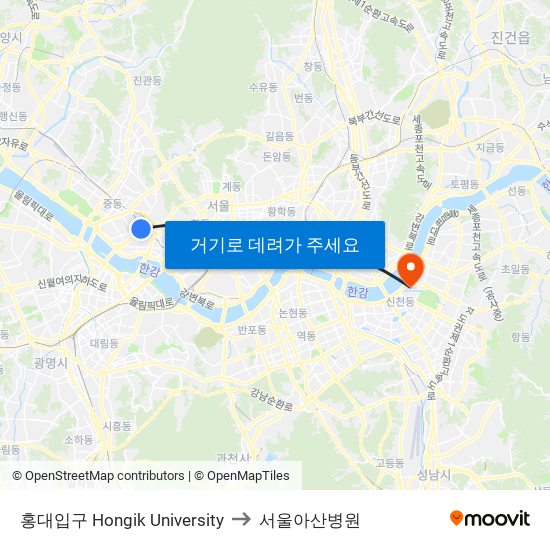 홍대입구 Hongik University to 서울아산병원 map