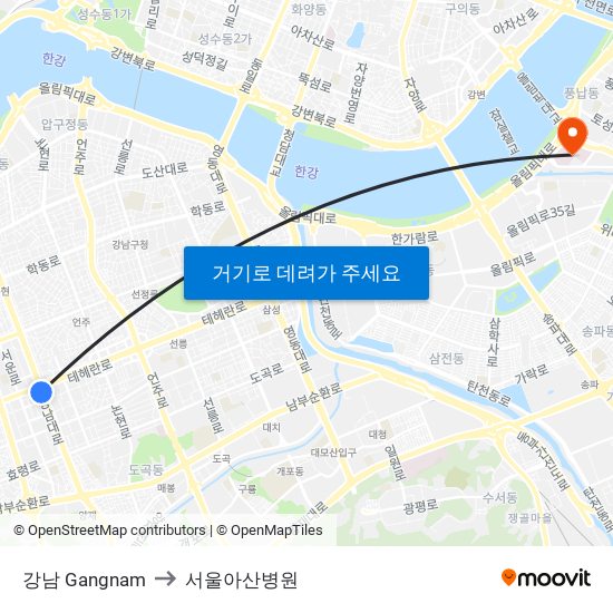 강남 Gangnam to 서울아산병원 map