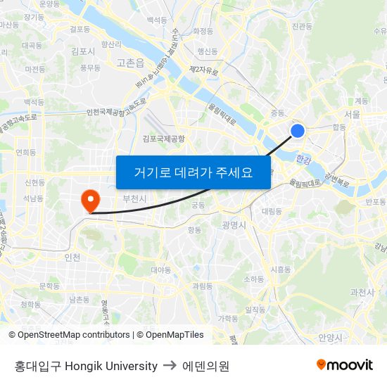 홍대입구 Hongik University to 에덴의원 map