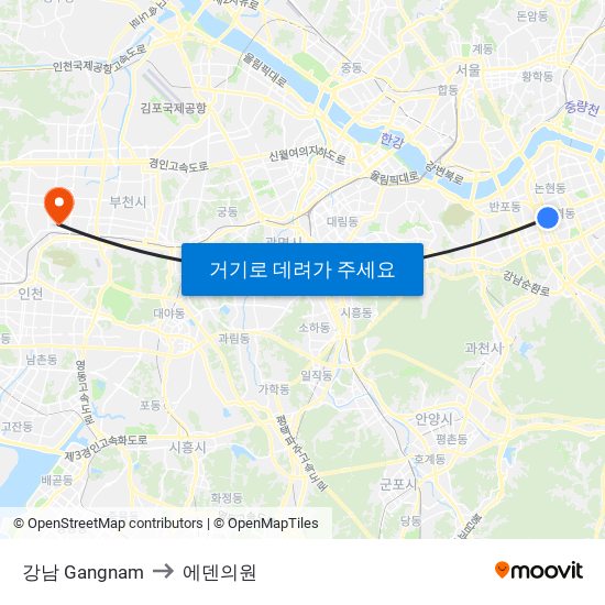 강남 Gangnam to 에덴의원 map