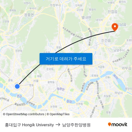홍대입구 Hongik University to 남양주한양병원 map