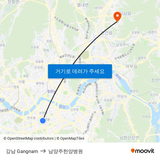 강남 Gangnam to 남양주한양병원 map