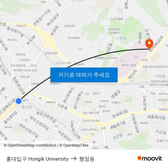 홍대입구 Hongik University to 행정동 map